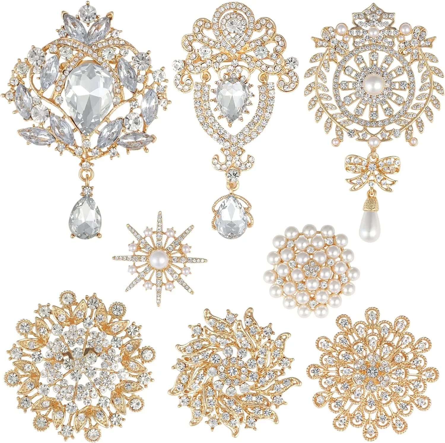 8 Pack Plated Assorted Crystal Rhinestones Brooch Pins Set for DIY Wedding Party Bouquets Embellishment Crafts Decor