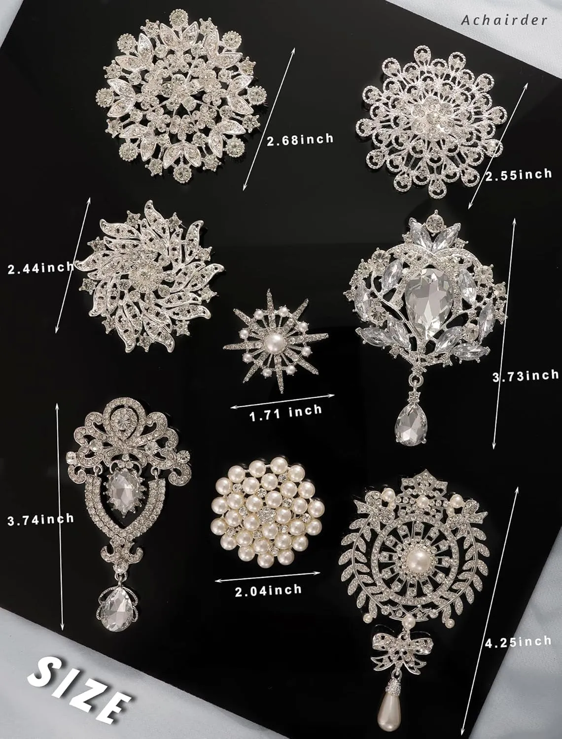8 Pack Plated Assorted Crystal Rhinestones Brooch Pins Set for DIY Wedding Party Bouquets Embellishment Crafts Decor