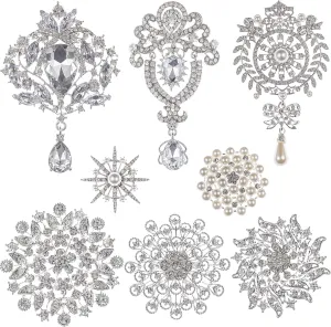8 Pack Plated Assorted Crystal Rhinestones Brooch Pins Set for DIY Wedding Party Bouquets Embellishment Crafts Decor