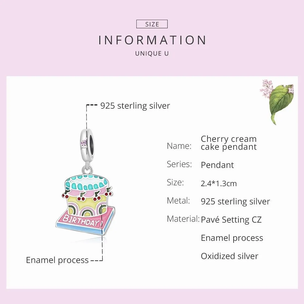 925 Sterling Silver Cherry Cake Pendant For Bracelet Or Necklace