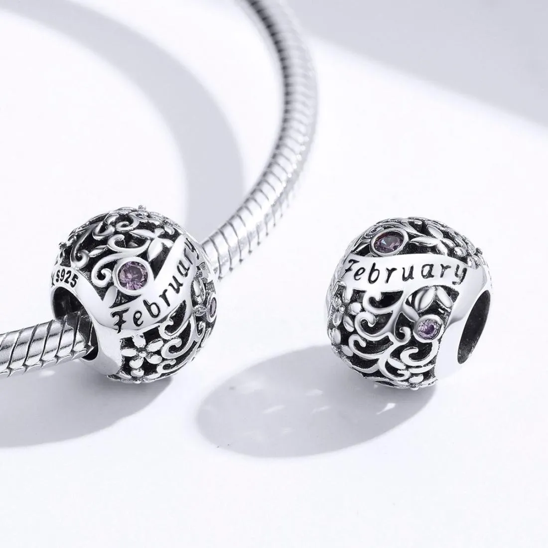 925 Sterling Silver Diy Birthstone Bracelet & Necklace Set February Style - February