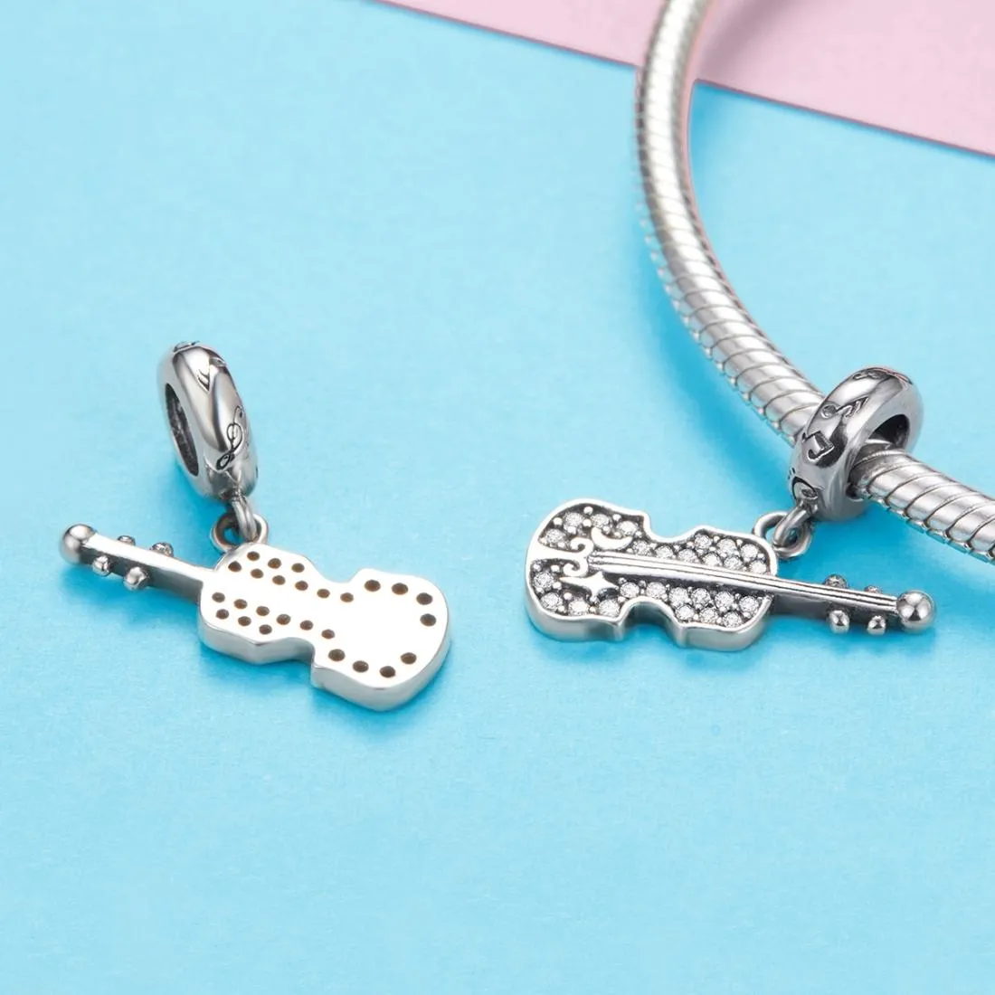 925 Sterling Silver Zircon Embellished Violin Pendant