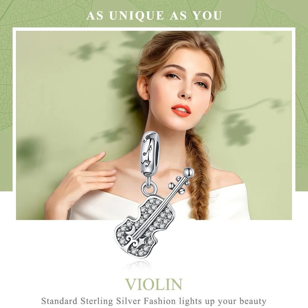 925 Sterling Silver Zircon Embellished Violin Pendant