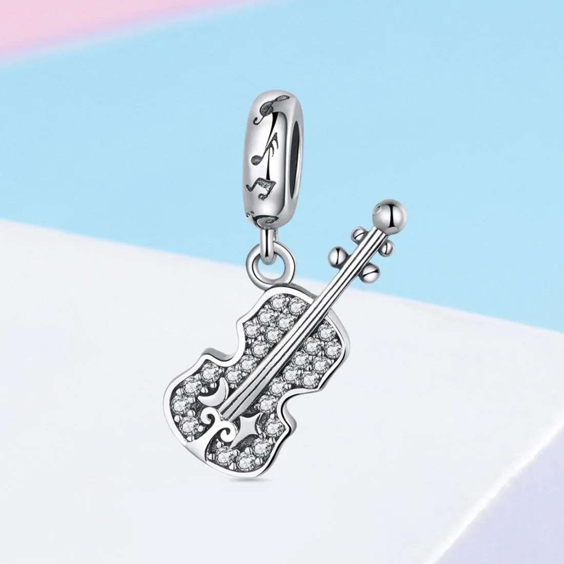 925 Sterling Silver Zircon Embellished Violin Pendant