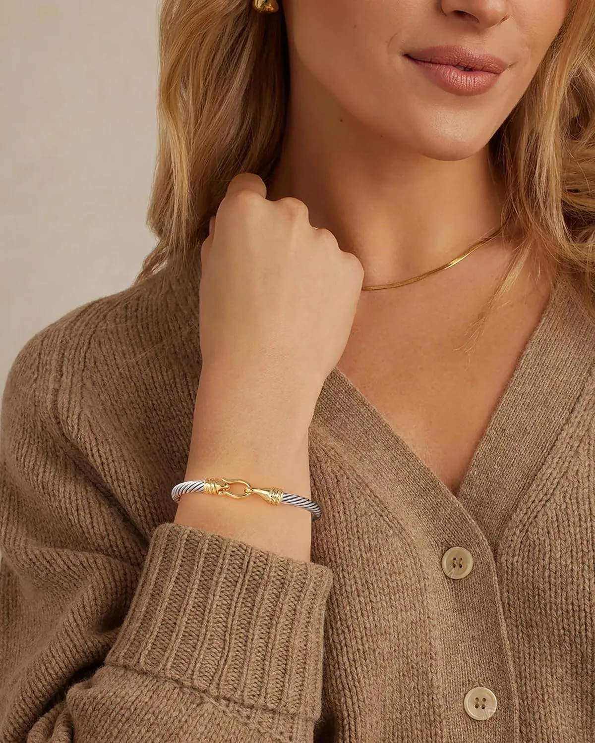 Cuff Bracelets for Women - Silver Cable Bracelets Two Tone Hook Gold Fish-Shaped - Mixed Metal Bangle Designer Dupes Bracelet Jewelry Gift