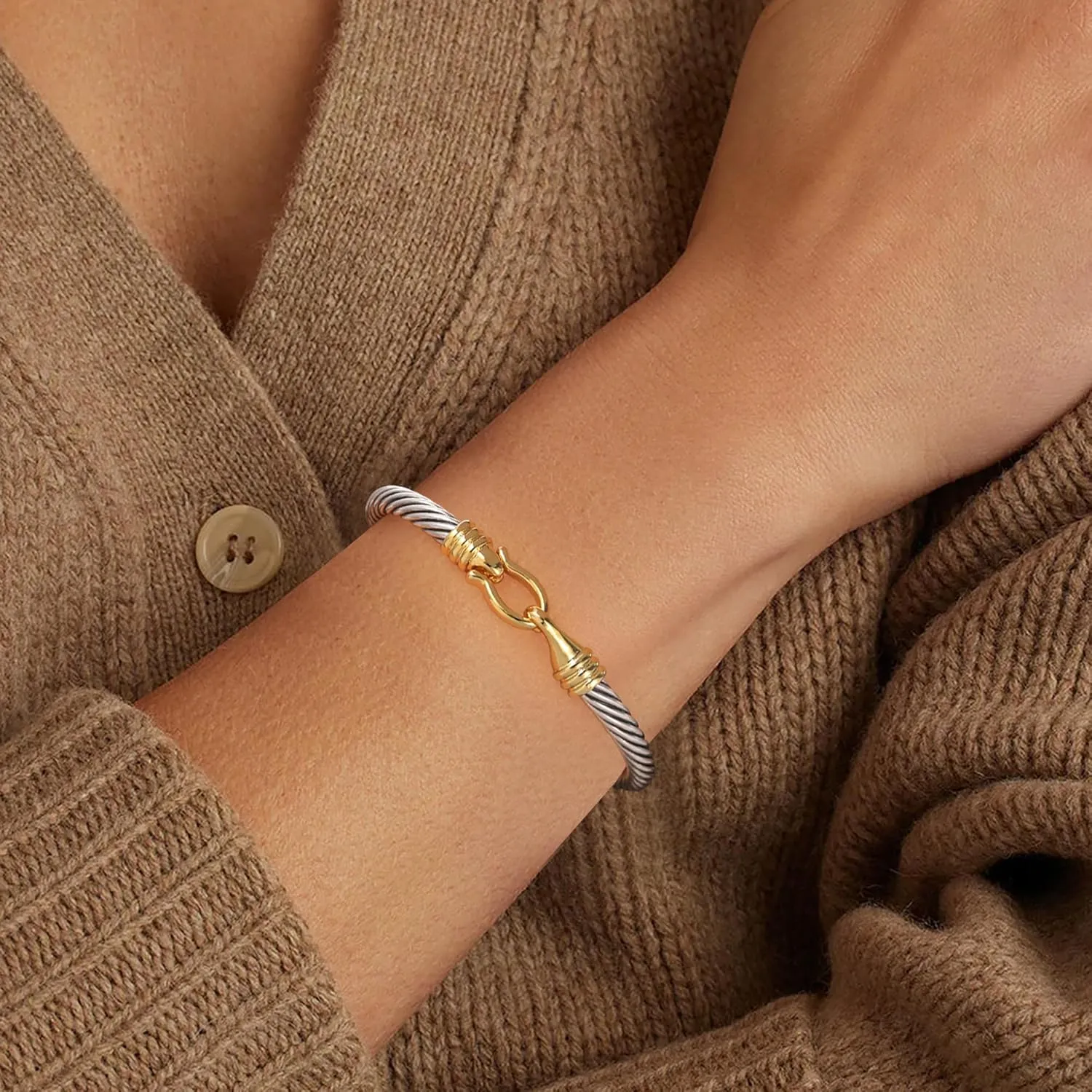 Cuff Bracelets for Women - Silver Cable Bracelets Two Tone Hook Gold Fish-Shaped - Mixed Metal Bangle Designer Dupes Bracelet Jewelry Gift