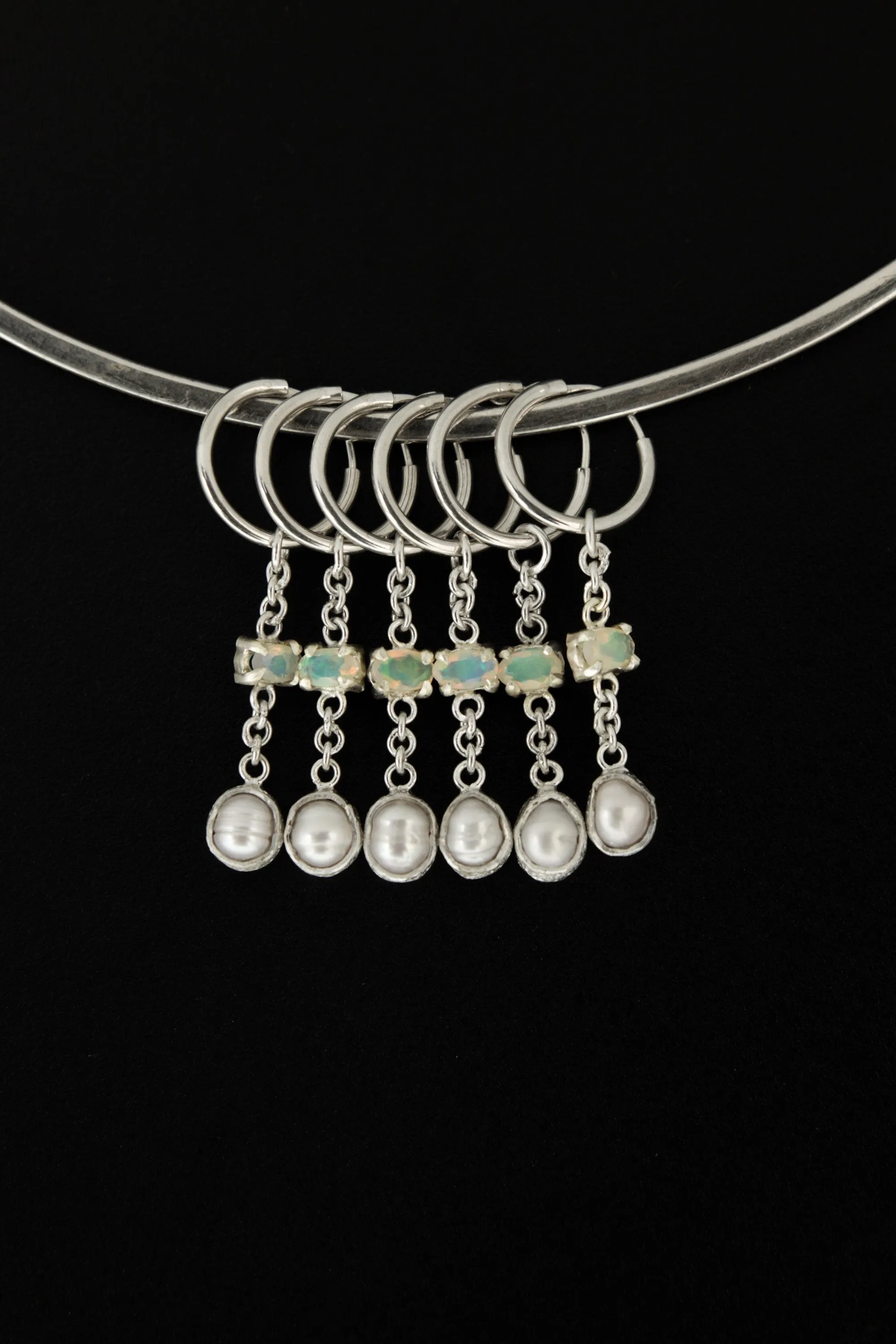 Hoop Earrings with Claw Set Faceted Ethiopian Opal & Pearl in Organic Textured Bezel, Sterling Silver Dangling Earrings, Joy and Creativity