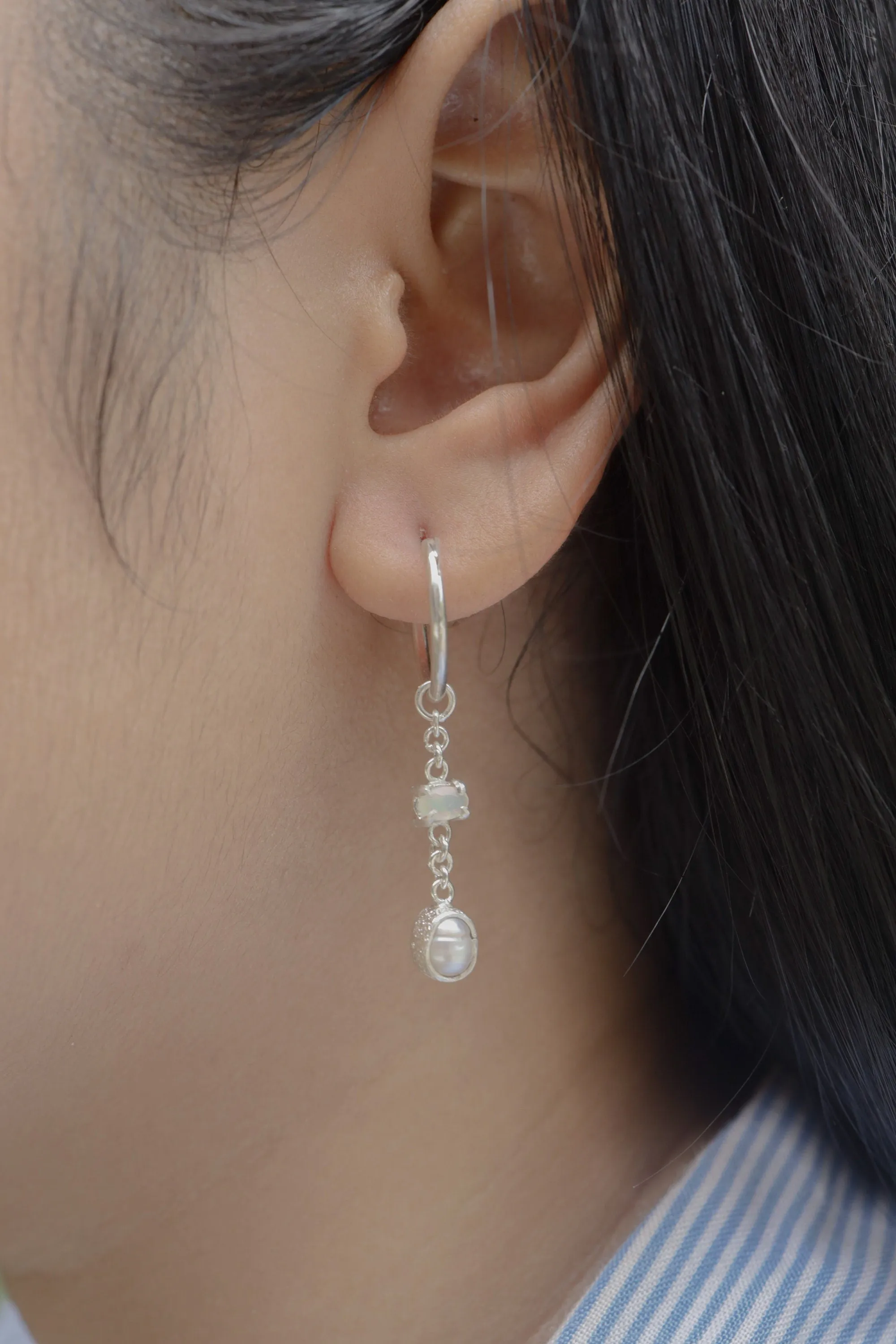 Hoop Earrings with Claw Set Faceted Ethiopian Opal & Pearl in Organic Textured Bezel, Sterling Silver Dangling Earrings, Joy and Creativity