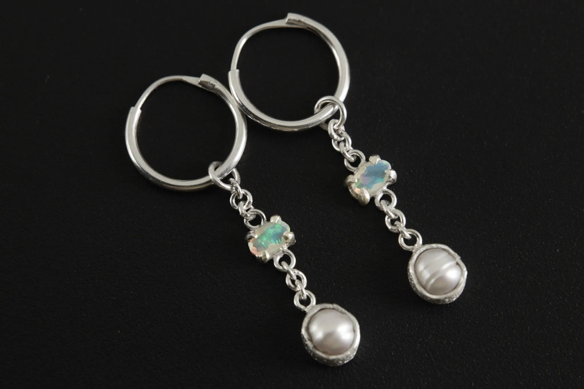 Hoop Earrings with Claw Set Faceted Ethiopian Opal & Pearl in Organic Textured Bezel, Sterling Silver Dangling Earrings, Joy and Creativity