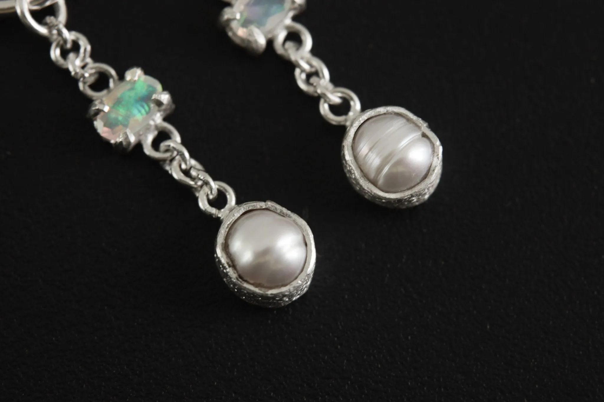 Hoop Earrings with Claw Set Faceted Ethiopian Opal & Pearl in Organic Textured Bezel, Sterling Silver Dangling Earrings, Joy and Creativity