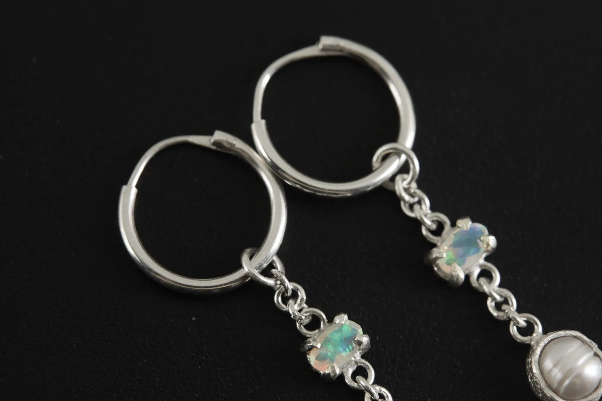 Hoop Earrings with Claw Set Faceted Ethiopian Opal & Pearl in Organic Textured Bezel, Sterling Silver Dangling Earrings, Joy and Creativity