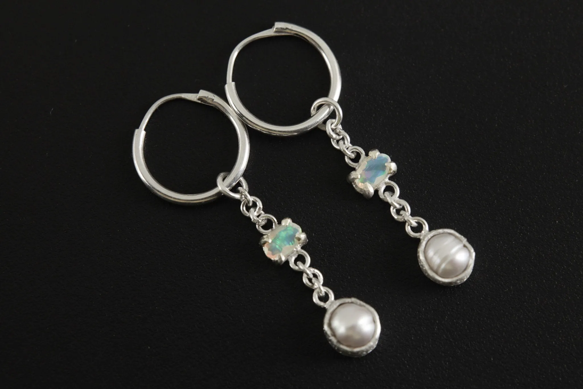 Hoop Earrings with Claw Set Faceted Ethiopian Opal & Pearl in Organic Textured Bezel, Sterling Silver Dangling Earrings, Joy and Creativity