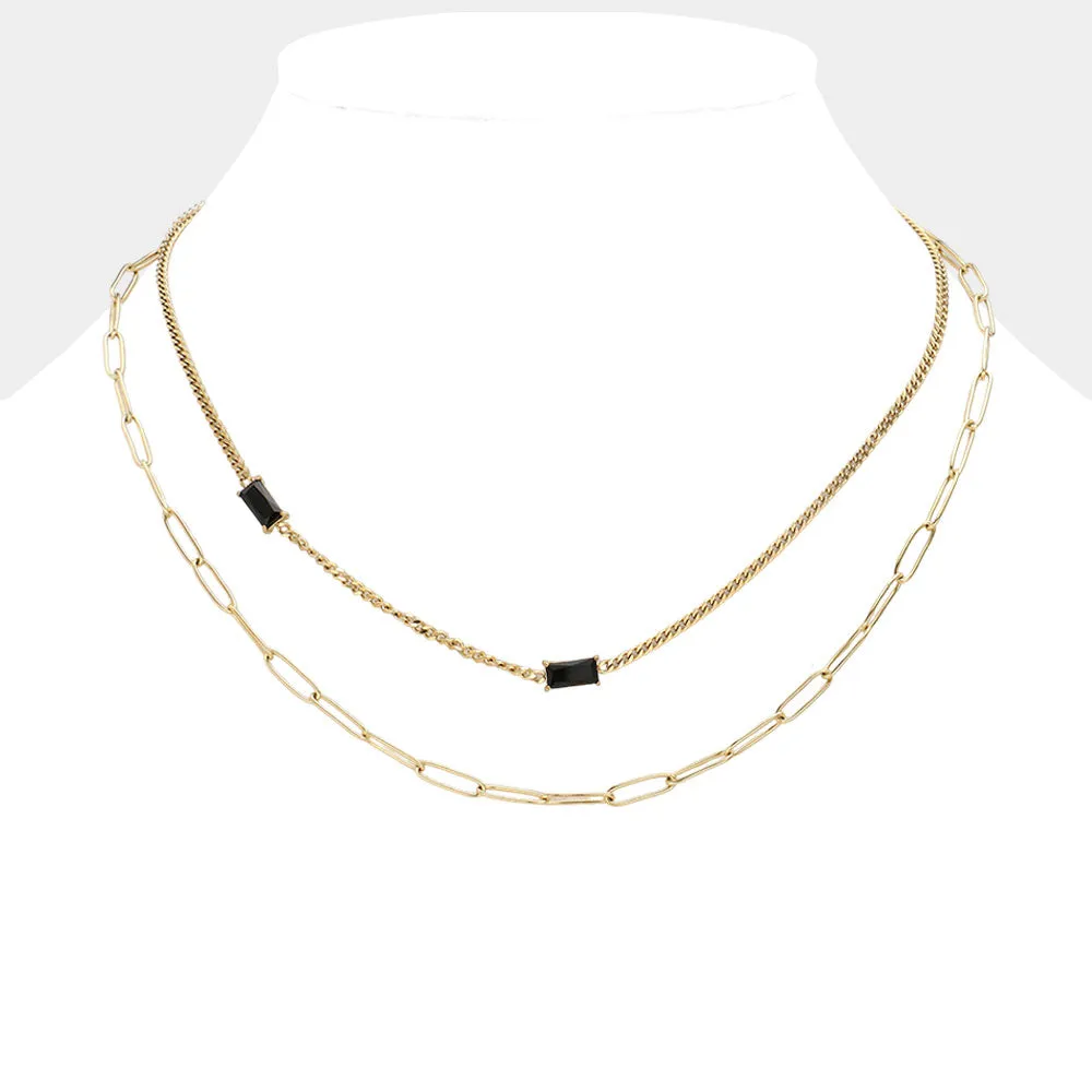 iLLASPARKZ Emerald Cut Stone Cluster Pointed Stainless Steel Paperclip Chain Layered Necklace