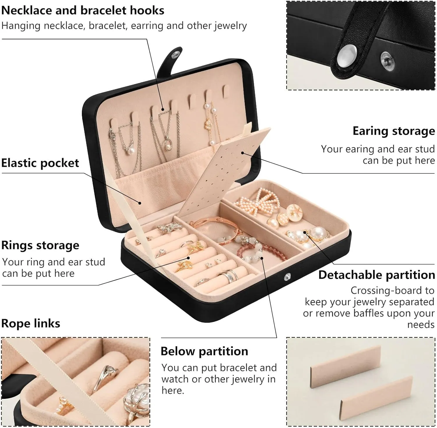 Jewelry Box Organizer Case Holder Display for Women Girls Travel Portable Jewelry Storage for Earrings Ring Necklace Bracelet Watch Small Flamingo Black