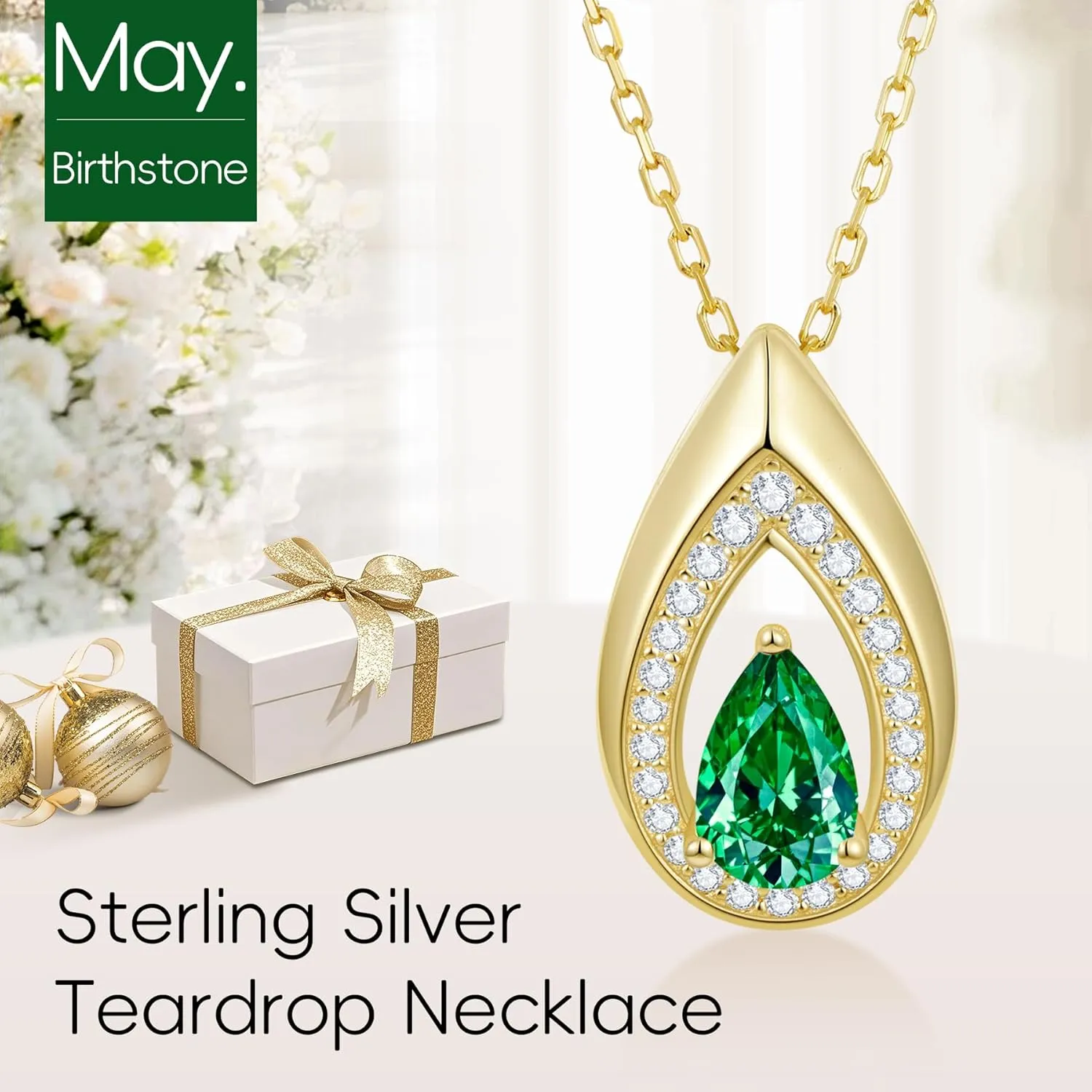 Kstyle Teardrop Necklaces for Women, 14k Gold Plated 925 Sterling Silver Birthstone Pendant Necklace with Cubic Zirconia, Jewelry for Women Birthday Gifts for Wife Girlfriend Her Mom Sister