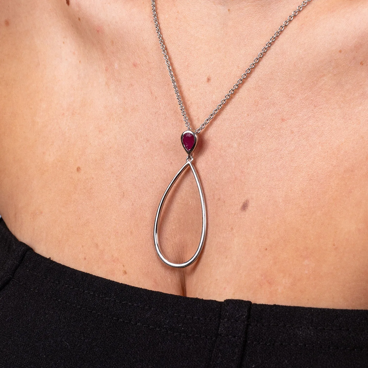 Long Petal Drop Necklace with Pear Cut Ruby in Sterling Silver