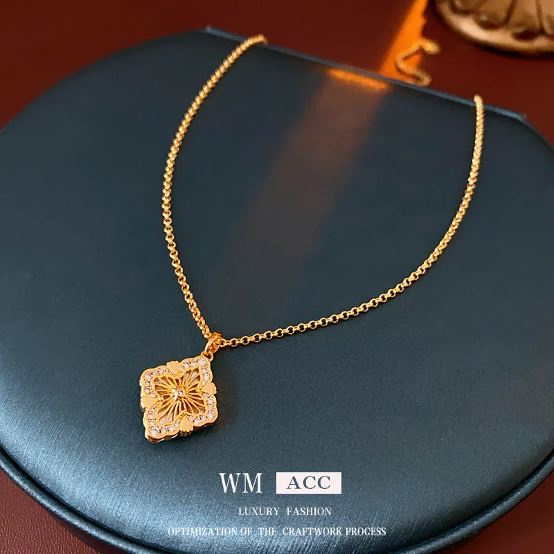 Luxurious Flower Rhombus Geometric Copper Zircon Inlay Necklaces