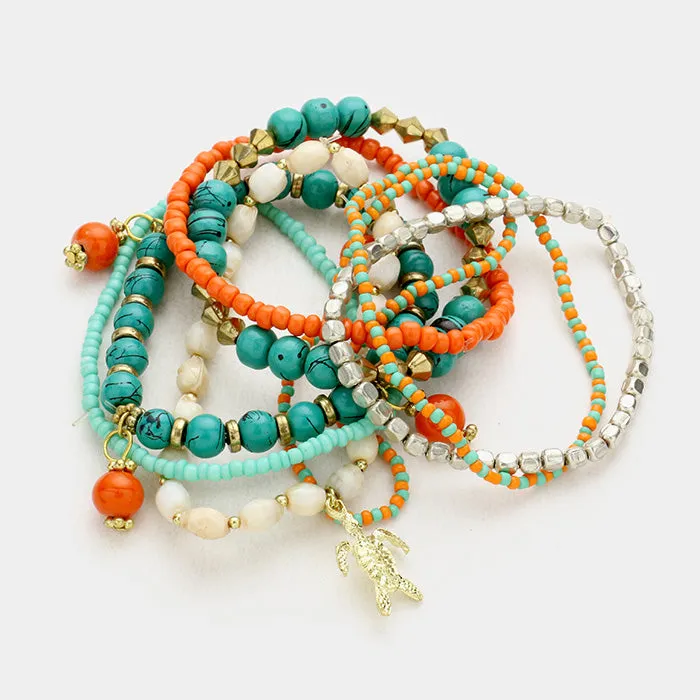 Multi Layered Strand Bead with Turtle Charm Stretch Bracelet