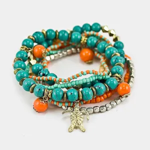Multi Layered Strand Bead with Turtle Charm Stretch Bracelet
