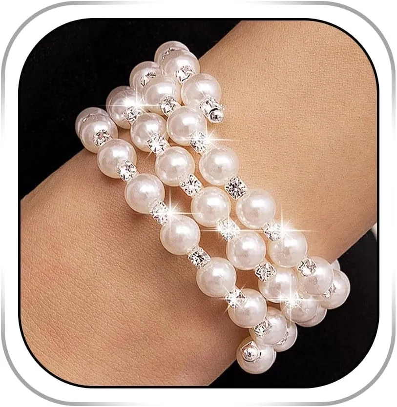 Pearl Rhinestone Bracelet Silver Layered Bracelets for Women Vintage White Pearl Bracelet Adjustable Open Bangle for Wedding