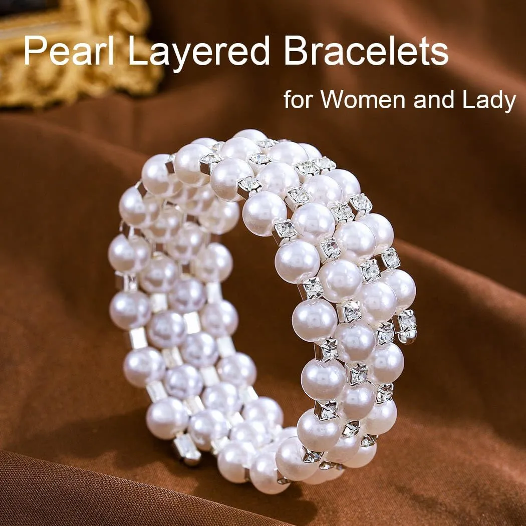 Pearl Rhinestone Bracelet Silver Layered Bracelets for Women Vintage White Pearl Bracelet Adjustable Open Bangle for Wedding