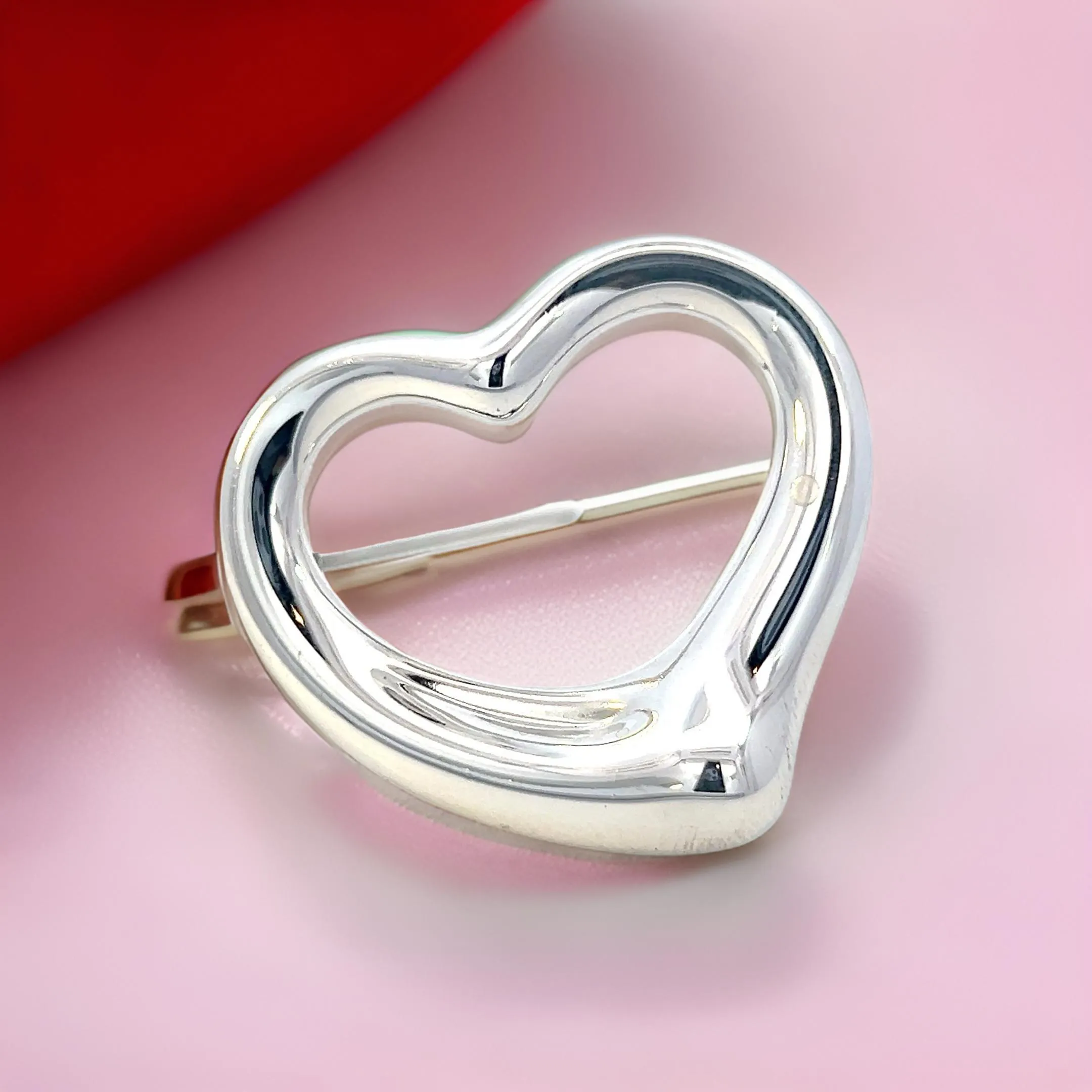 Tiffany & Co Estate Large Open Heart Brooch By Elsa Peretti Silver TIF745