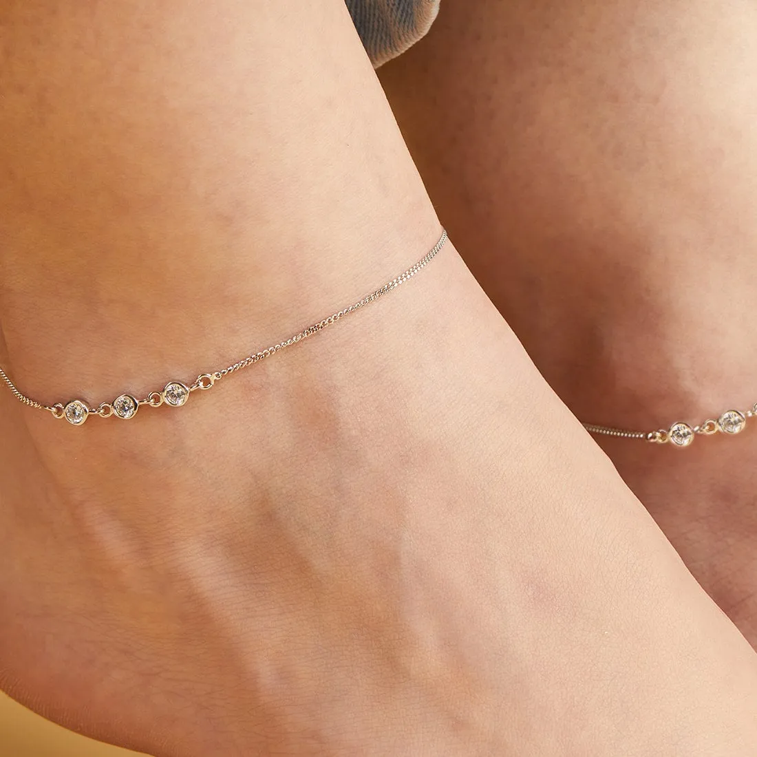 Triple CZ 925 Sterling Silver Chain Anklets