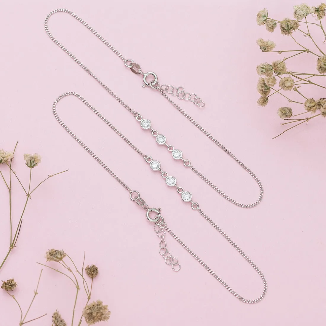 Triple CZ 925 Sterling Silver Chain Anklets