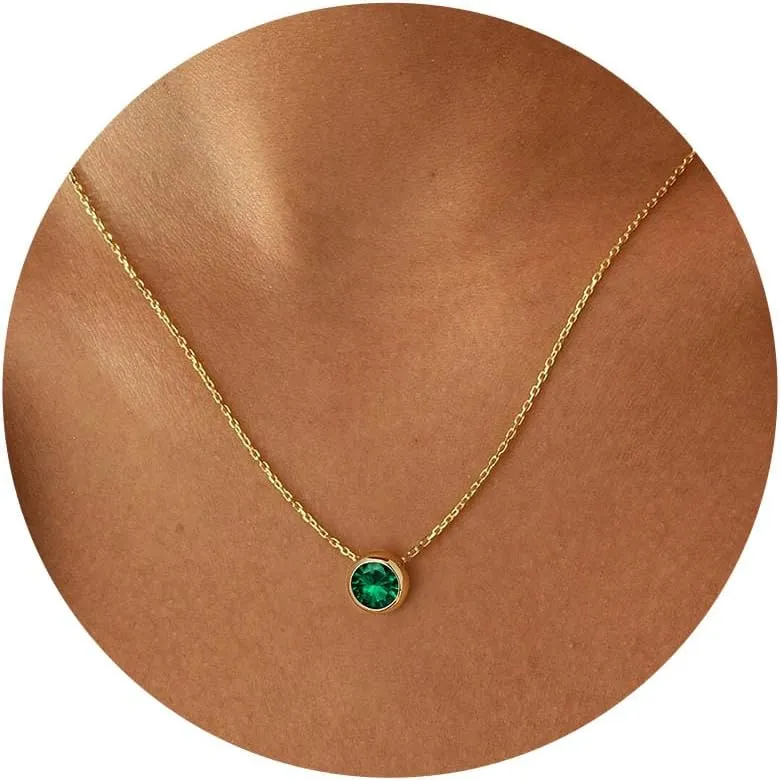 Turandoss Birthstone Necklace for Women, Dainty 14K Gold Plated Red Blue Green Diamond Emerald Birthstone Necklace 12 Month Birthstone Jewelry Birthday Gifts for Women Teen Girls