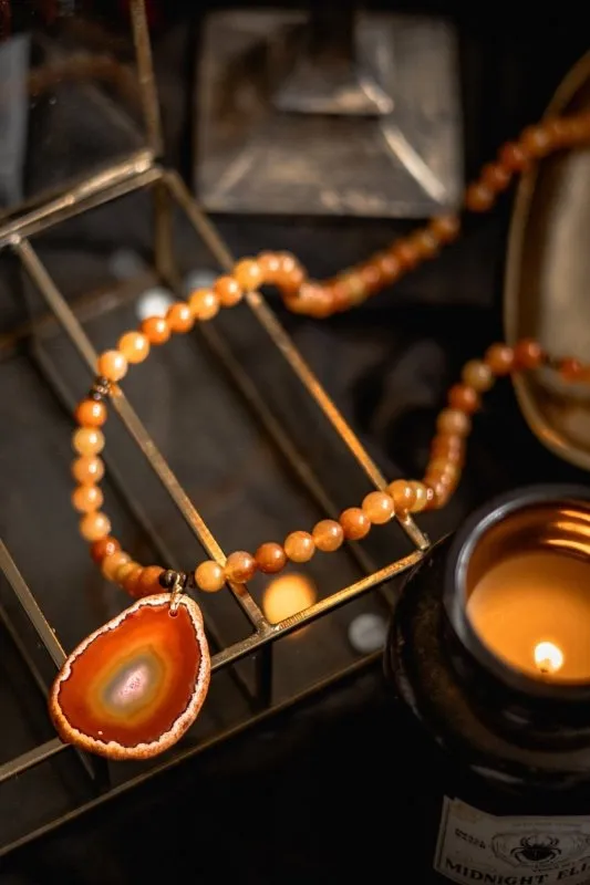 Xander Kostroma Blood Orange Aventurine and Orange Agate Pendant Necklace – 70cm, Natural Healing Stones, Energy-Boosting Jewelry for Wellness